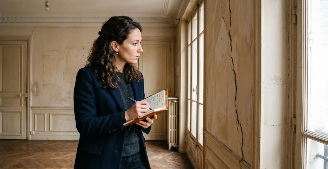 Une acheteuse examine attentivement un mur fissuré dans un appartement parisien lors d'une visite